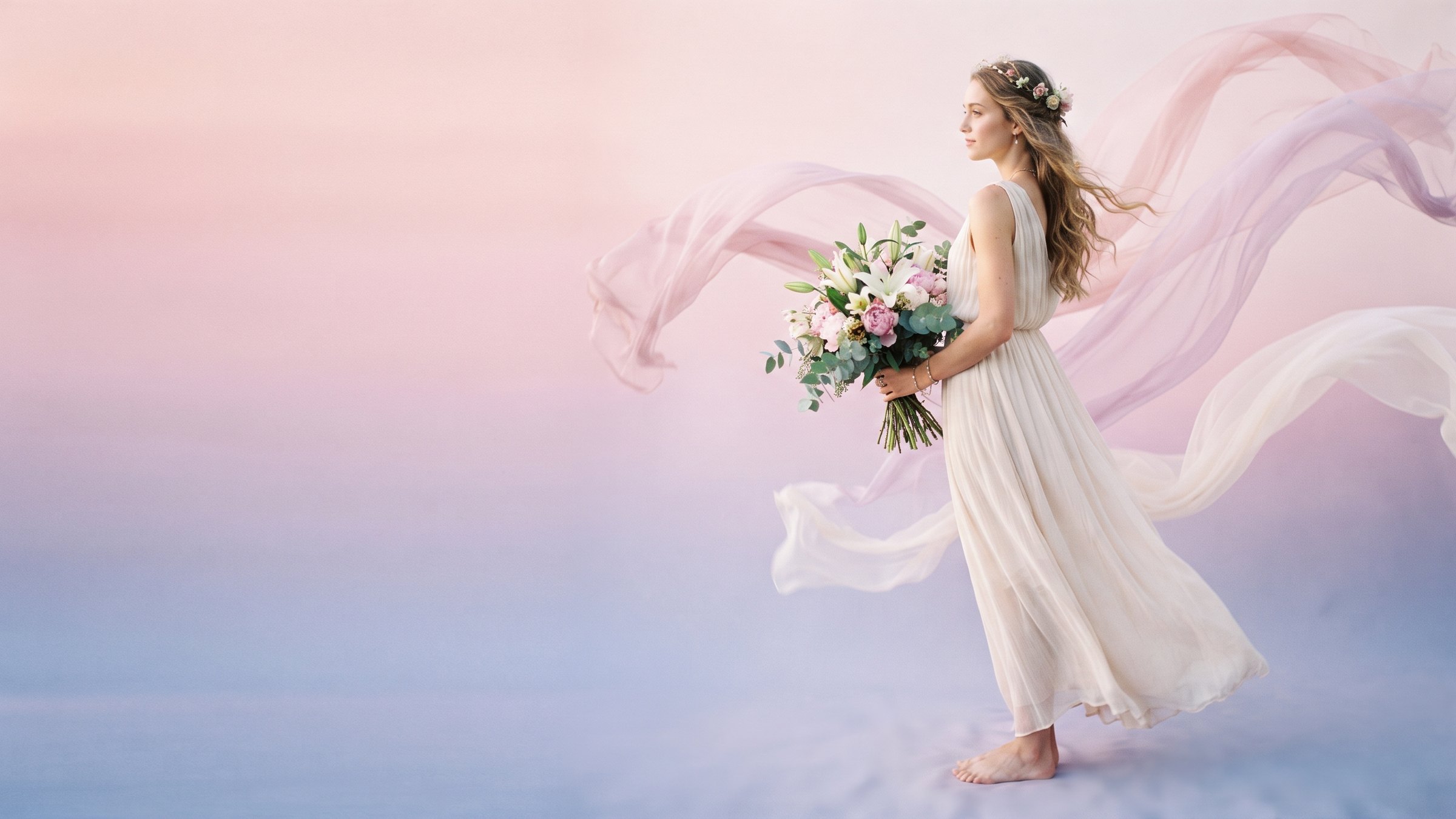 Floristin mit weißen Lilien und rosa Pfingstrosen vor einem Verlauf in Rosé und Flieder