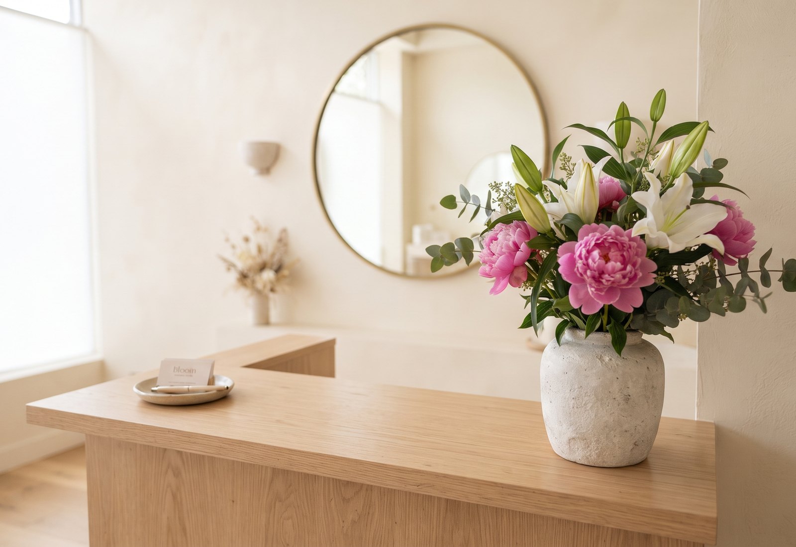 Strauß aus Pfingstrosen und Lilien im Empfang eines Kosmetikstudios