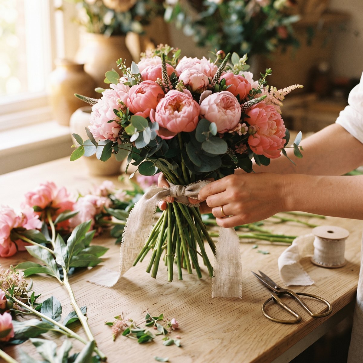 Hände binden an einem hellen Tisch einen Strauß rosa Pfingstrosen